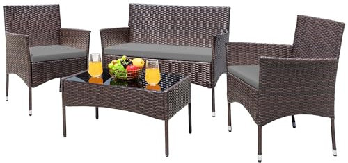 Greesum Patio Furniture 4 Pieces Conversation Sets Outdoor Wicker Rattan Chairs Garden Backyard Balcony Porch Poolside loveseat with Soft Cushion and Glass Table, Brown and Gray