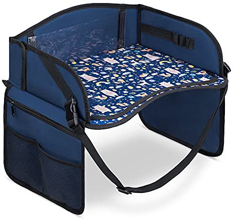 Navaris Kids Car Tray Table - Foldable Travel Play Tray for Toddlers and Children - Drawing, Watching Tablet, Snacks - Animal Design - Blue/Black