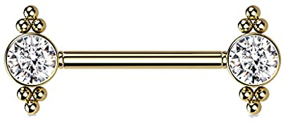 Tata Gisèle Piercing Mamelon Téton en Acier Chirurgical 316L et Oxydes de Zirconium - Push in - 2 Zircons Ronds et 2 Groupes de Billes d'acier de Chaque Côté - (Or Doré/Clair)