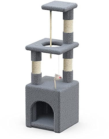 VOUNOT® Árbol Rascador para Gatos, Poste Rascador Estable para Gatos Pequeños con Nido, Plataformas, Cuerda de Sisal y Jueguete para Gatos, 88cm, Gris, L