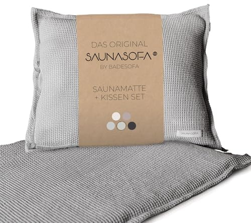SAUNASOFA Set Long, Saunamatte zum Liegen mit Kissen in Grau | Saunaauflagen gepolstert, hitzebeständig für Infrarot & klassische Sauna, Waschbar & handgefertigt in Europa, Geschenk Set