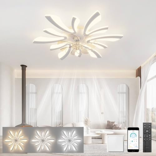 LJX Ceiling Fans with Lights and Remote Control Silent DC Modern Ceiling Fans with Lamps Timer Dimmable Reversible for Bedroom Lounge Kitchen Chandelier Fan Led, White