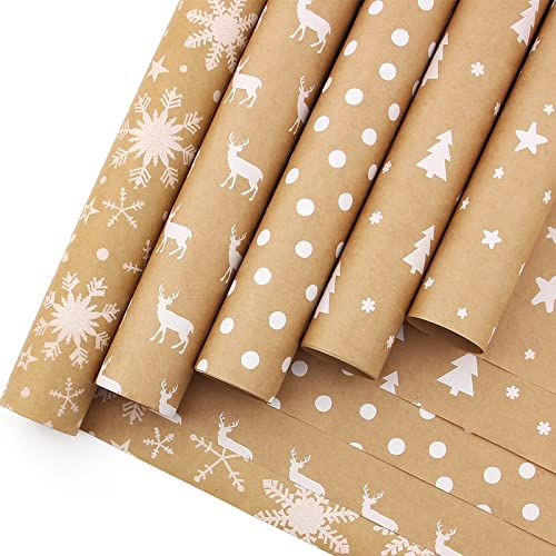HBell Christmas Wrapping Rolls, 5 Rolls 44cm x 3M Brown Kraft Paper, Snowflake Elk Xmas Tree Wrapping Paper for Festive Decorations