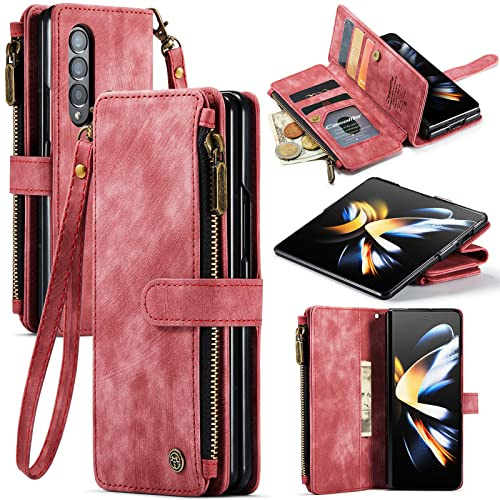 UEEBAI Wallet Case for Samsung Galaxy Z Fold 4 5G, Premium Handmade PU Leather Phone Case Card Slots Magnetic Closure Zipper Pocket Kickstand Flip Case with Hand Strap - Red