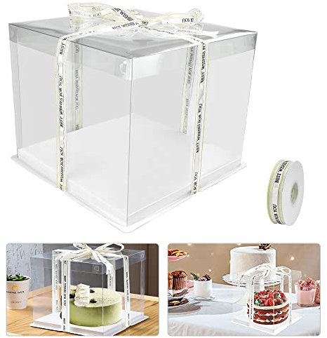 REFORUNG Scatole per Torte Trasparenti Alta e Grande per Dolci Quadrate a Doppio Strato con Base e Nastro, Pasticceria (10 Inch)