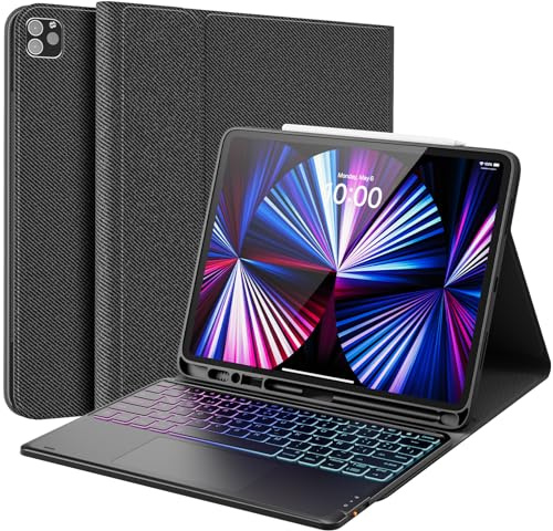 Earto Teclado para iPad Air 13 Pulgadas (M2/M3)/ Pro 12.9 (6/5/ 4/3 Gen), 3 Zonas 7 Colores Retroiluminada, 2 Canales BT, Teclado Magnético Extraíble, Español Ñ, Negro