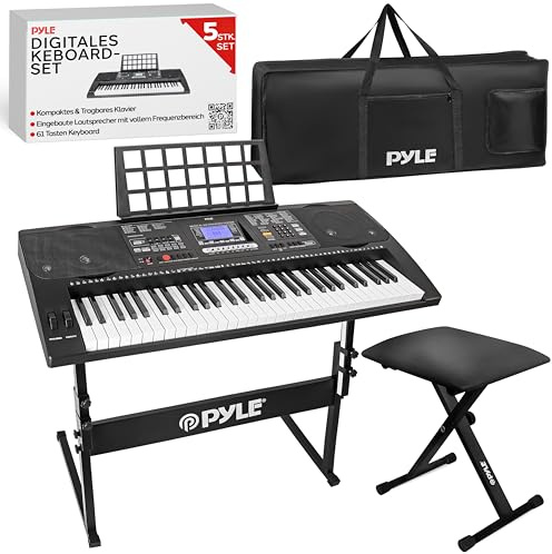 Pyle Teclado Electrónico Portátil de 61 Teclas, 2 en 1 para Tocar y Cantar, con Pedal de Sostenido, Auriculares, Bolsa Resistente a la Intemperie, Taburete y Soporte