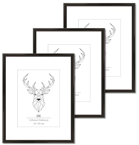 KHG 3er Set Bilderrahmen aus Kunststoff mit stabilem Glas und Passepartout, zum Aufhängen oder Hinstellen, Ideal für Portraits, Urkunden, Poster - schwarz, 24x30 cm
