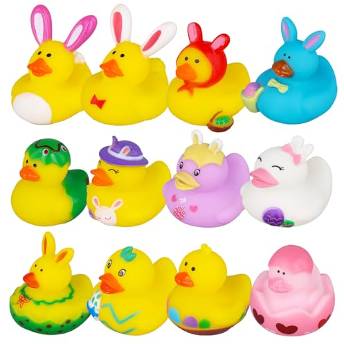 12 Stück Oster Gummienten, Neuheit Bunt Hasen-Kaninchen-Enten Bade Enten Spielzeug Verschiedene Quetsch Enten Oster Partygeschenke für Kinder Studenten Geburtstagsgeschenk Belohnungen Sammlung