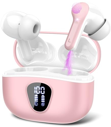 BESNOOW Wireless Earbuds, Bluetooth 5.3 Headphones with 4 ENC Noise Cancelling Mic, Bluetooth Earbuds 40H Playtime, Wireless Headphones in ear Earphones Bass Stereo, LED Display, IP7 Waterproof, Pink
