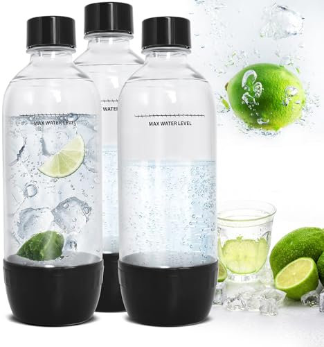 Soda Flaschen, 1L Soda Maker Flaschen 3 Stück, Carbonating Bottles BPA-frei, Ersatzflaschen Sprudelwasserflaschen aus PET Wiederverwendbare, Sodastarr Ersatzflaschen für Wassersprudler(Schwarz)