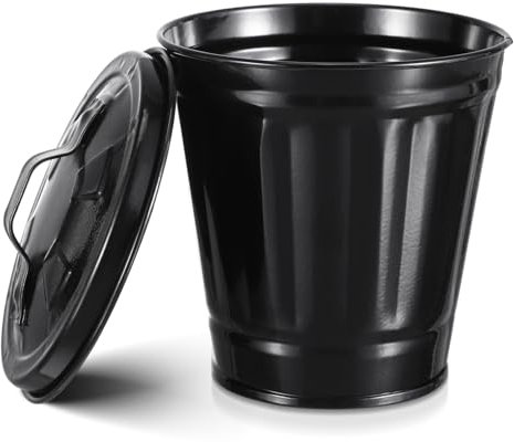 MAGICLULU Mini Poubelle Galvanisée avec Couvercle Mini Corbeille à Papier Poubelle de Table Petits Seaux en Métal Mini Poubelle Pot de Fleur Porte-Stylo pour Succulentes Noires
