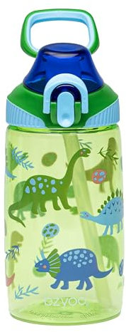 bzyoo Kinder Trinkflasche HappyHydrate 16oz - Auslaufsicher & Leicht zu Öffnen! Grün mit niedlichen Dinosauriern. Mit Griff und Sicherheitsverschluss. Inklusive praktischem Trinkhalm für unterwegs