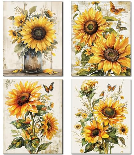 CREATCABIN 4 pz Stampe di Girasole Arte della Parete Pianta su Tela Poster Vintage Immagine di Fiori Decorazioni da Parete Rustico Floreale Tela Wall Art Rettangolo Olio di Fibra Chimica per 25x20cm