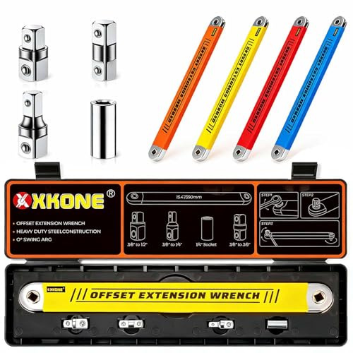 XKONE Offset Extension Wrench,0° Swing Extender for Tight Space Fasteners | 3/8 Universal Adapter Drive Socket Tool with 1/4,3/8,1/2 Square Adapters and 1/4 Socket