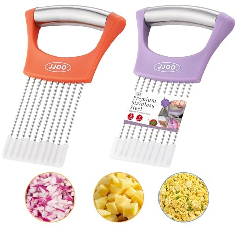 2PCS Onion Slicer Holder, JJOO Stainless Steel Onion Cutter for Slicing and Storage Onions, Tomato, Eggs and Vegetables, Protective Cover Included, Dishwasher Safe (Stylish orange+ Purple Color)