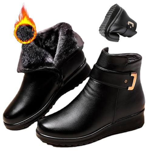 Nbzsmlkn Velvet Boots Made of Leather with Metal Buckle,Women's Orthopedic Leather Ankle Boots with Arch Support,Warm Fur Lined Zipper Ankle Booties (Black,6.5)