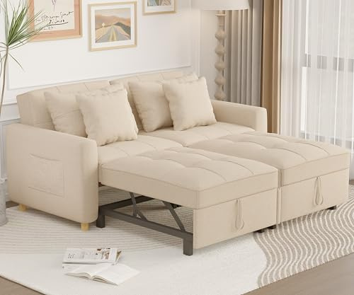 UNIONLINE Sofa Bed Sleeper Pull Out Convertible, 2-Seater 3-in-1 Sofa Couch Chair Bed with Adjust Backrest for Adults Living Room, Apartment, Bedroom (Beige)