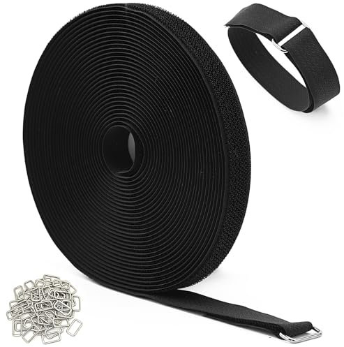 KINGLAKE 10m x 2cm Reusable Cable Straps with 50 Metal Buckles, Free Cut Length, Hook and Loop Cable Ties, Black Adjustable Fastening Straps for Cable Tidy, Wire Management, Cord Organiser