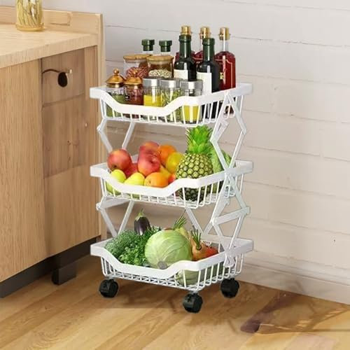 Dvehdbay 3 Tier Fruit Basket for Counter - Metal Wire Fruit Basket for Kitchen, Fruteros para Cocina, Fruit and Vegetable Storage Rolling Cart, Pantry Kitchen Storage with Wheels (White)