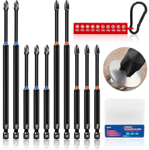 KASAFE 10 Pcs Long PZ2/PH2 Magnetic Impact Screwdriver Bits–S2 Steel Construction, Multi-Size Durable Design for Heavy-Duty Use, Universal 1/4 Hex Shank for Power Drivers