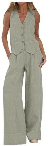 2 Pièces Ensemble Ete pour Femme Gilet sans Manches Et Pantalon Large Costume d'été Haut Sexy Col V Polyvalente Pantalons Ample Taille élastique Casual Ample Bureau Travail Business Set