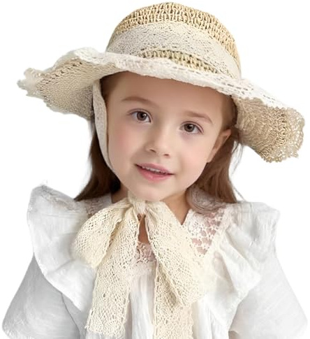 KUMSODE Cappello Paglia per Bambina Cappello Sole Estivo per Bambini con Sottogola, Cappelli Pieghevoli per La Protezione Solare della Spiaggia per 2-8 Anni Ragazze