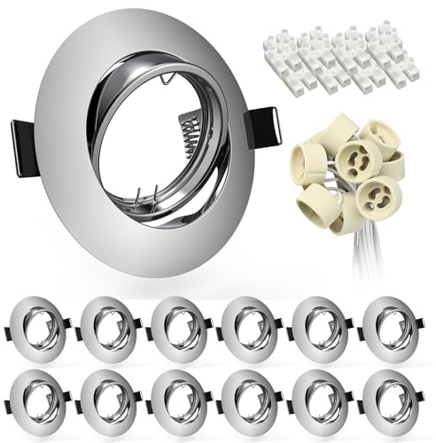 Wondlumi 12X Modern GU10 Downlights for Ceiling Round Polished Chrome Finish Mounting Frame for Recessed Ceiling Lights 360° Tilt Swivel Spotlight with Lamp Holders, Cutout Ø68-80mm, No Bulbs