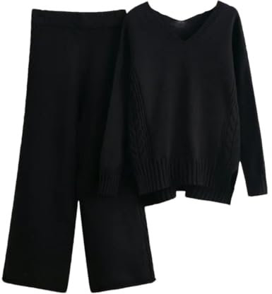 Damen-Strickset, V-Ausschnitt, lange Ärmel, Pullover, Tops, hohe Taille, weites Bein, Hose, Schwarz , L