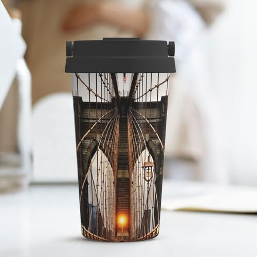 KLLTYHMU Photo Of Brooklyn Bridge Tasse à café de voyage de 500 ml en acier inoxydable isotherme avec couvercle et boucle de transport cachée pour homme et femme