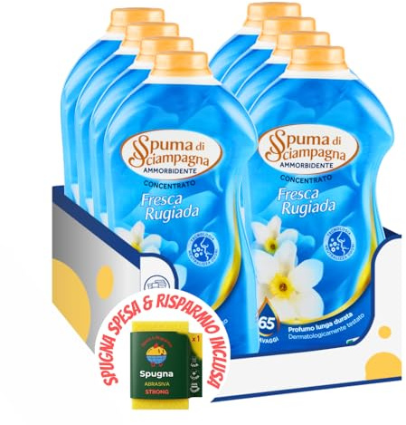 Ammorbidente Concentrato Fresca Rugiada – 65 Lavaggi – 1300 ml kit con Spugna Brandizzata SPESA & RISPARMIO Inclusa – Variazioni 4/8/12 Pezzi (8)