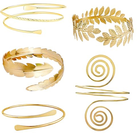 XLTXWD 5Pcs Arm Cuff, Gold Arm Cuff, Elegant Gold Bangles with Feather and Leaf Designs, Adjustable Open Arm Bracelets for Women Fashion Jewelry for Parties and Daily Wear