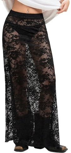 GORGLITTER Falda larga de encaje transparente para mujer, faldas transparentes de encaje, falda de fiesta, atuendo para festivales, Negro , S