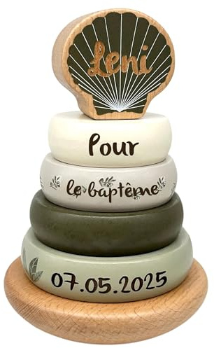 Mainely Personnalisable Tour à empiler en Bois Vert Olive – Cadeau de baptême – pour Les Enfants à partir de 12 Mois – personnalisée avec Le nom et la Date du baptême – Label Label