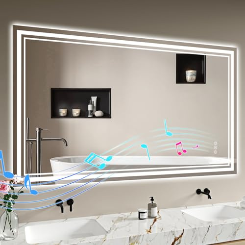 Badspiegel-mit-Beleuchtung 120x70 - LED Badezimmerspiegel mit Bluetooth Badezimmer Spiegel mit Beleuchtung, Beschlagfrei, Dimmbar, 3 Lichtfarben, Wandspiegel Led-Spiegel-Bad Horizontal/Vertikal
