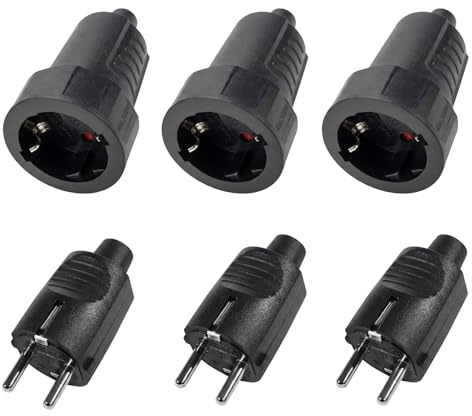 3x Schuko Stecker 250V Set IP44 – Schutzkontaktstecker & Kupplung mit Zugentlastung für Innen- und Außenbereich, 16A | 2-polig | Gummigehäuse (Schwarz)