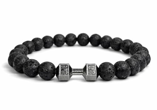 LLUXIA Live Lift-armband - 8 mm naturliga lavastenspärlor med hantelhänge - unisex sporttillbehör, mode och litoterapi - blandade smycken för män och kvinnor, styrketräning och sport wellness