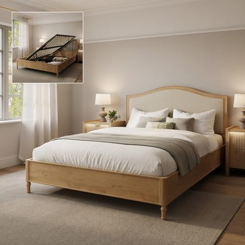 X-Rocker XR Living Emy French Style Wooden Shadow Ottoman Double Bed, Bed Frame with Shaped Headboard and Storage, 4ft6 Bedstead - Natural - Oak