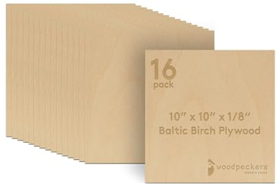 3 mm Baltic Birch Plywood 1/8 x 10 x 10 Inch, Box of 16 B/BB Grade Craft Wood, Stronger Than Basswood Sheets, for Laser, CNC Cutting and Wood Burning, by Woodpeckers