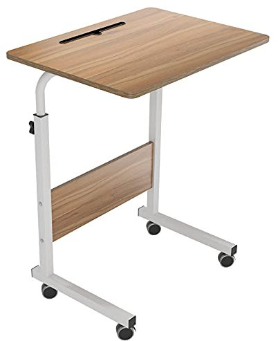 DlandHome 60 x 40 cm Tavolino Computer con Tavolino Regolabile in Altezza a Rulli con 4 Rotelle Bloccabili per Ufficio Camera da Letto,con Slot per Tablet, Quercia