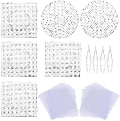 Allazone 5 mm 6 Pack Fuse Beads Boards Large Round Square Clear Plastic Pegboards with 4 PCS White Beads Tweezers, 10 PCS Ironing Paper for Kids Craft Supplies