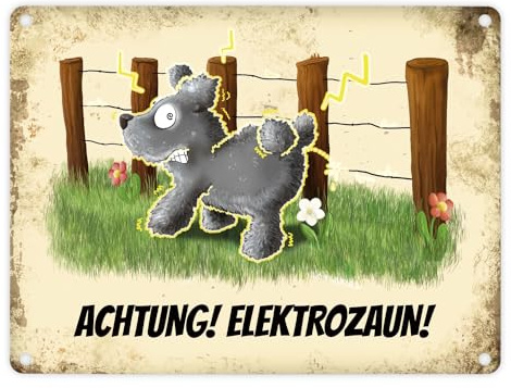 Metallschild mit elektrisierendem Motiv und Spruch: Achtung! Elektrozaun!