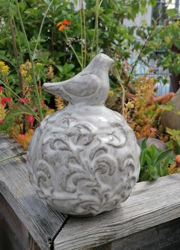 terracotta-toepfe-de NEU !! B-Ware !! Kugel mit Ranke und Vogel ca. 18 cm hoch grauweiß aus winterfesten Steinzeug Deko Garten Vintage Landhaus Trauer