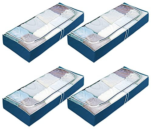 WENKO Unterbettkommode Air, 4er Set, Aufbewahrungstaschen mit Sichtfenster & 3-Seiten-Reißverschluss, schützt Textilien vor Motten, Staub & Schmutz, atmungsaktives Vlies-Material, 105x45x15 cm, Navy