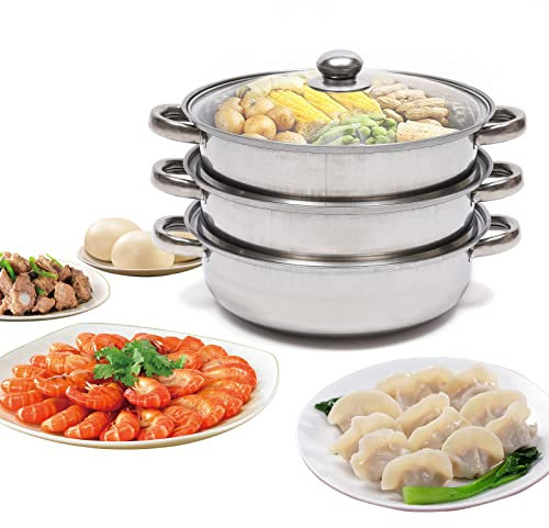 3 Lagiger Dampfkocher,Lightakai 28cm Edelstahl Steam Pot Multifunktionales Dampfgarer Set mit Glasdeckel