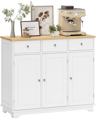 HOMCOM Modern Sideboard with Rubberwood Top, Buffet Cabinet with Storage Cabinets, Drawers and Adjustable Shelves for Living Room, Kitchen, White