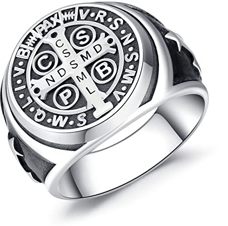 Herren Ring 925 Sterling Silber Saint Benedikt Ring Siegelring Vintage Religiöser Kreuz Schmuck für Männer Damen Schutzpatron mit Geschenkebox