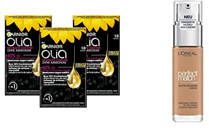 Garnier Olia 1.0 Schwarz Dauerhafte Haarfarbe ohne Ammoniak mit pflegenden, 3 x 1 Stück & L'Oréal Paris Make up, Flüssige Foundation mit Hyaluron und Aloe Vera, Nr. 7.D/7.W Golden Amber, 30 ml