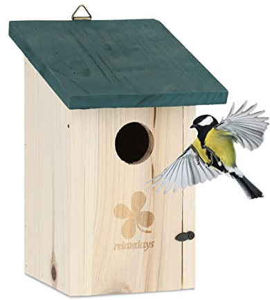 Relaxdays Nistkasten für Vögel, 35mm Einflugloch, aufklappbar, Meisen & Sperlinge, Vogelhaus zum Aufhängen, Natur-grün