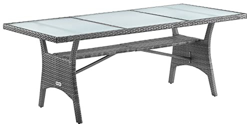 Casaria Table de Jardin polyrotin Gris 190x90x74 cm Plaque en Verre de sécurité réglable résistant aux intempéries